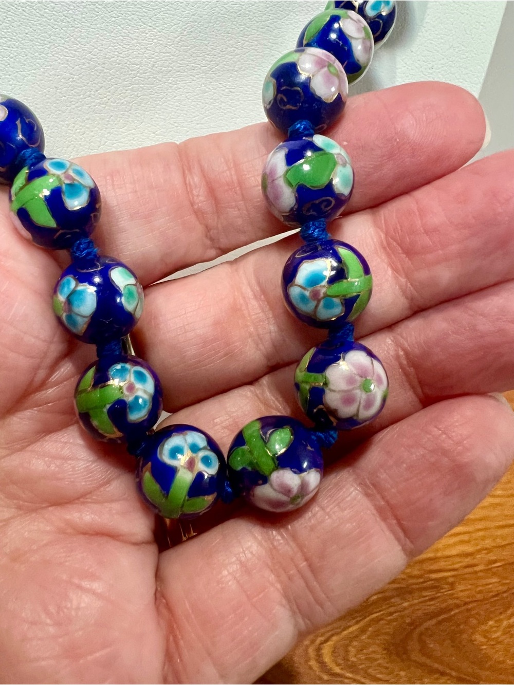 Blue Floral Cloisonné Bead Necklace for Women - Picture 4 of 7